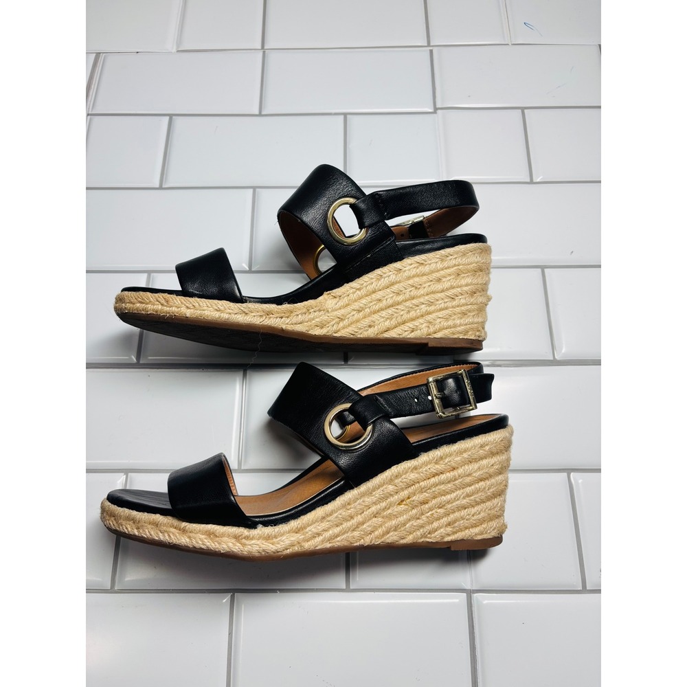 Vionic Tulum Vero Espadrilles Wedge Sandals Black Leather Jute Size 8 - Picture 7 of 13
